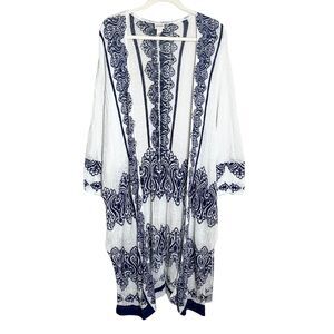 Chico’s White & Navy Boho Kimono Cardigan | Lightweight Duster Coverup L